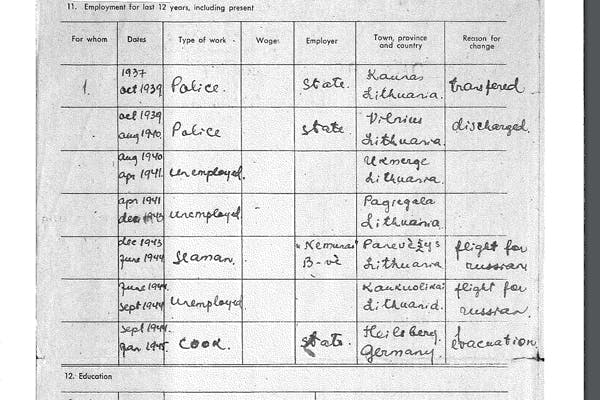 The falsified employment record Sredersas gave Australian authorities (sydney Jewish Museum)
