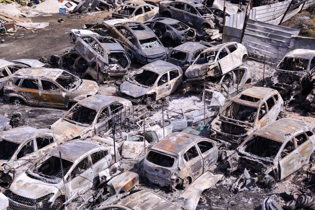 Burned cars which were set on fire by Jewish settlers in Hawara. Following a terror attack on Sunday in which two Israelis were killed by a Palestinian gunman, hundreds of Jewish settlers pursued revenge in the village of Hawara in a violent rampage. Hundreds of Palestinian cars were torched and over 30 buildings were set on fire. The event is referred to in Israel as the Hawara Pogrom. (Photo by Matan Golan / SOPA Images/Sipa USA)