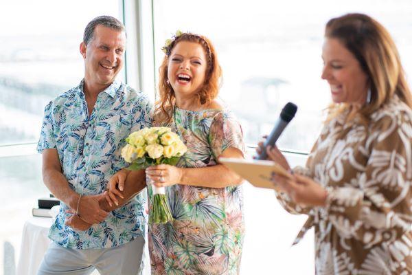 Civil celebrant Keren Loyer conducts the Rozens' wedding.