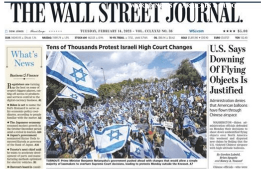 The Wall Street Journal gave Israel's democratic protests front page billing.