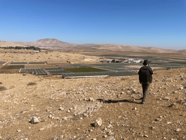 Palestinian grazing land with a Jewish settlement in the background (Ric Benjamin)