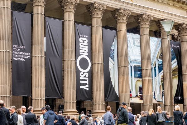 State Library of Victoria banners, which were due to feature a Hebrew manuscripts exhibition this week