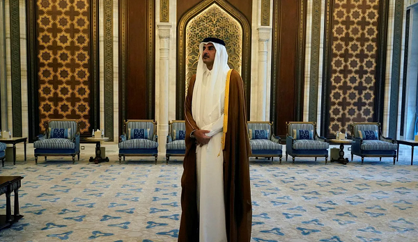Emir Sheikh Tamim bin Hamad Al Thani waits for the arrival of US Secretary of State Antony Blinken in Lusail, Qatar, last month (Jacquelyn Martin /AP)
