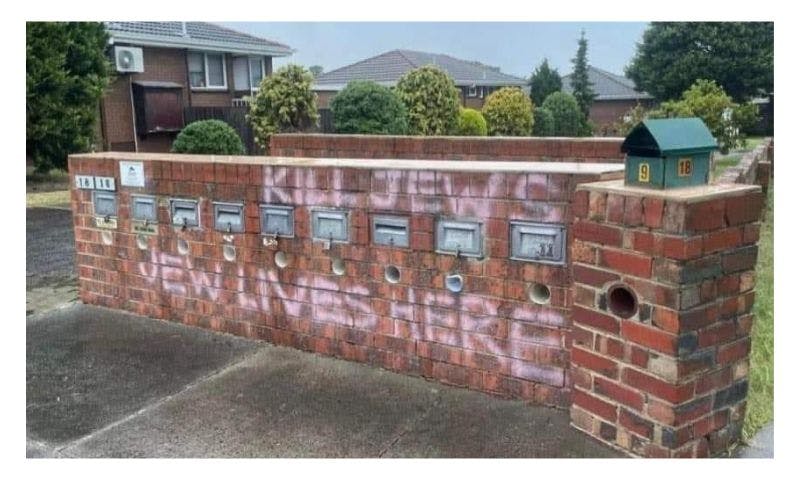 Graffiti painted on a suburban wall in Melbourne post the October 7 Hamas attack (Image: supplied).