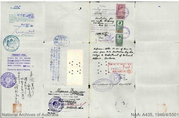 The Sugihara visa currently being held at the National Archives of Australia (Image: Supplied).