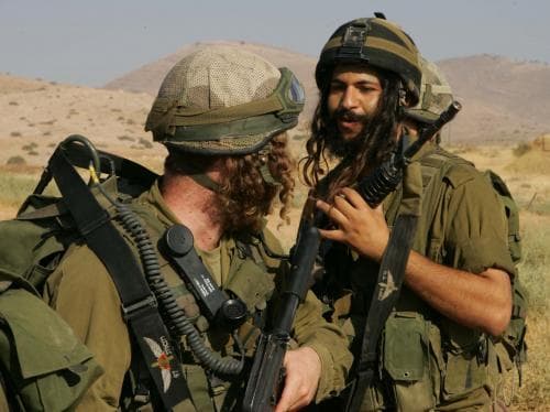 two men with beards and sidelocks in army uniform with guns