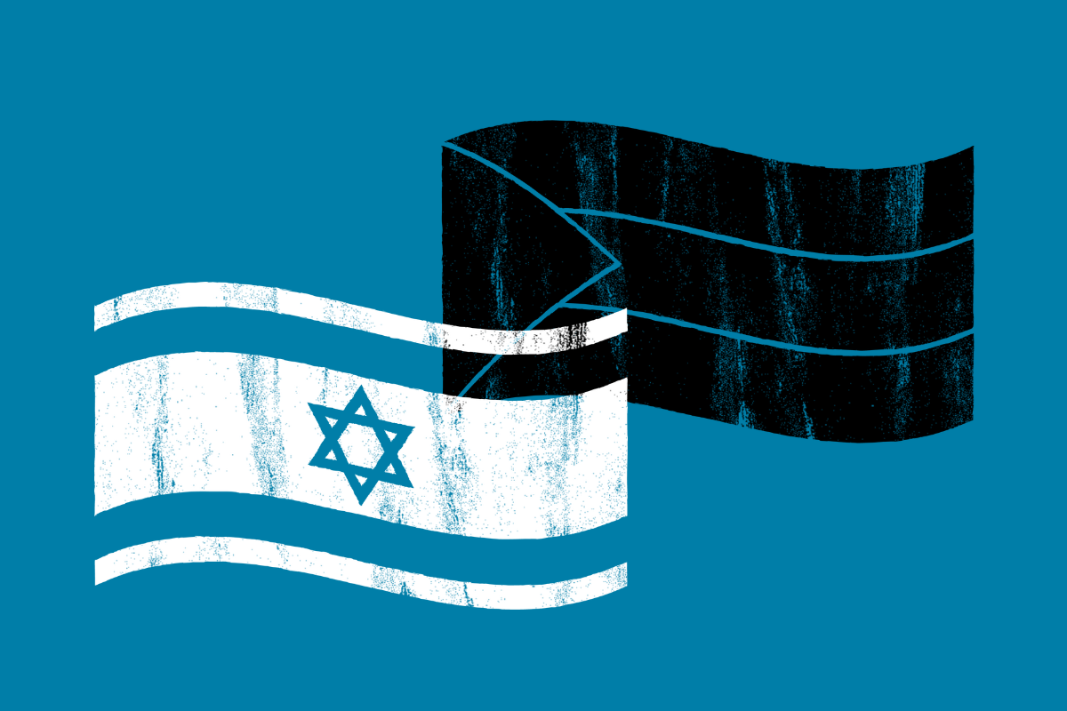 Palestinian and Israeli flags together on a blue background