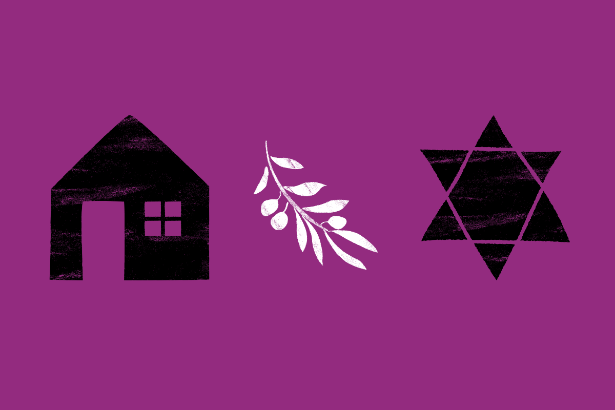 A cartoon of a house and a star of david seperated by an olive branch