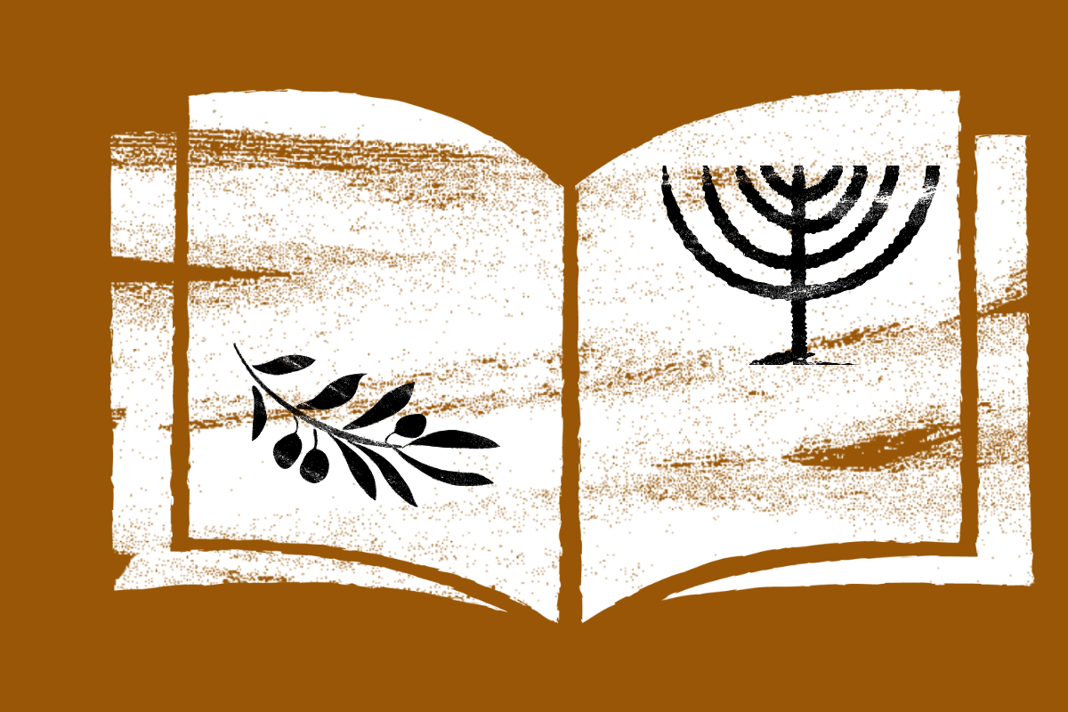 Open book with seven branch candelabra and olive branch on pages