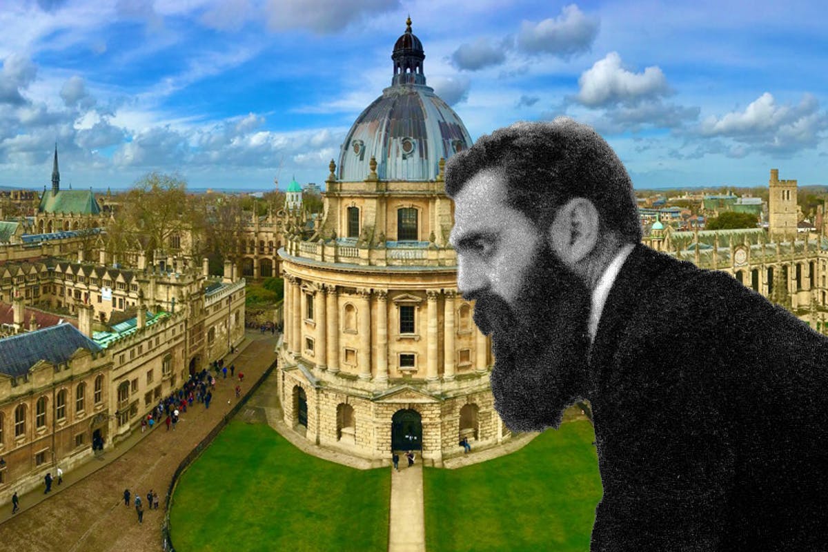 Collage with bearded man in black and white and ornate universituy buildings in colour