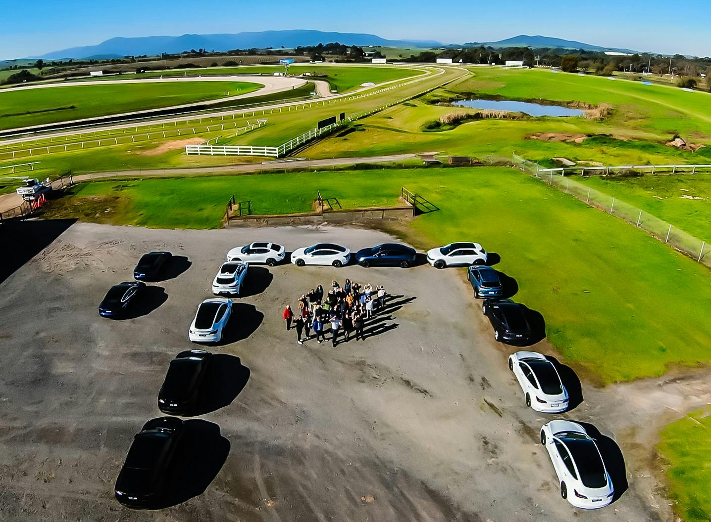 18 cars in formation in a green landscape