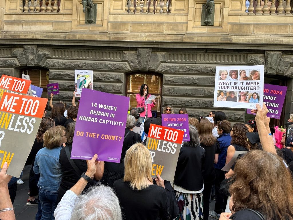 “InternationALL Women’s Day” rally for the hostages at Melbourne Town Hall on March 8 2024 (Image: Tamar Paluch).