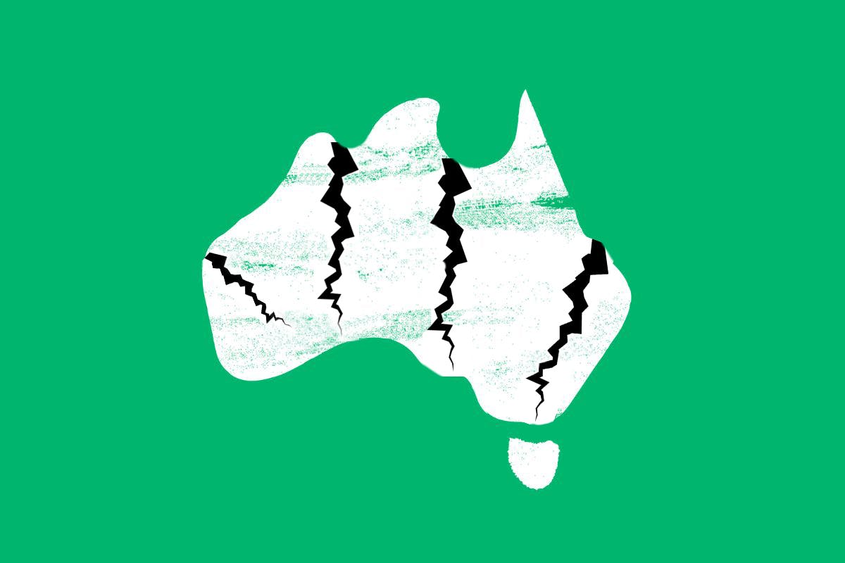 Drawing of a map of Australia with cracks cutting through it.