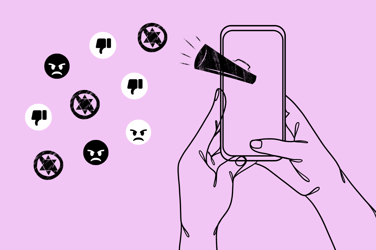 Cartoon of someone holding a phone with angry social media icons coming out of it