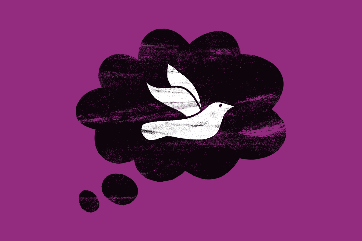 An illustration of a white dove in a black thought bubble