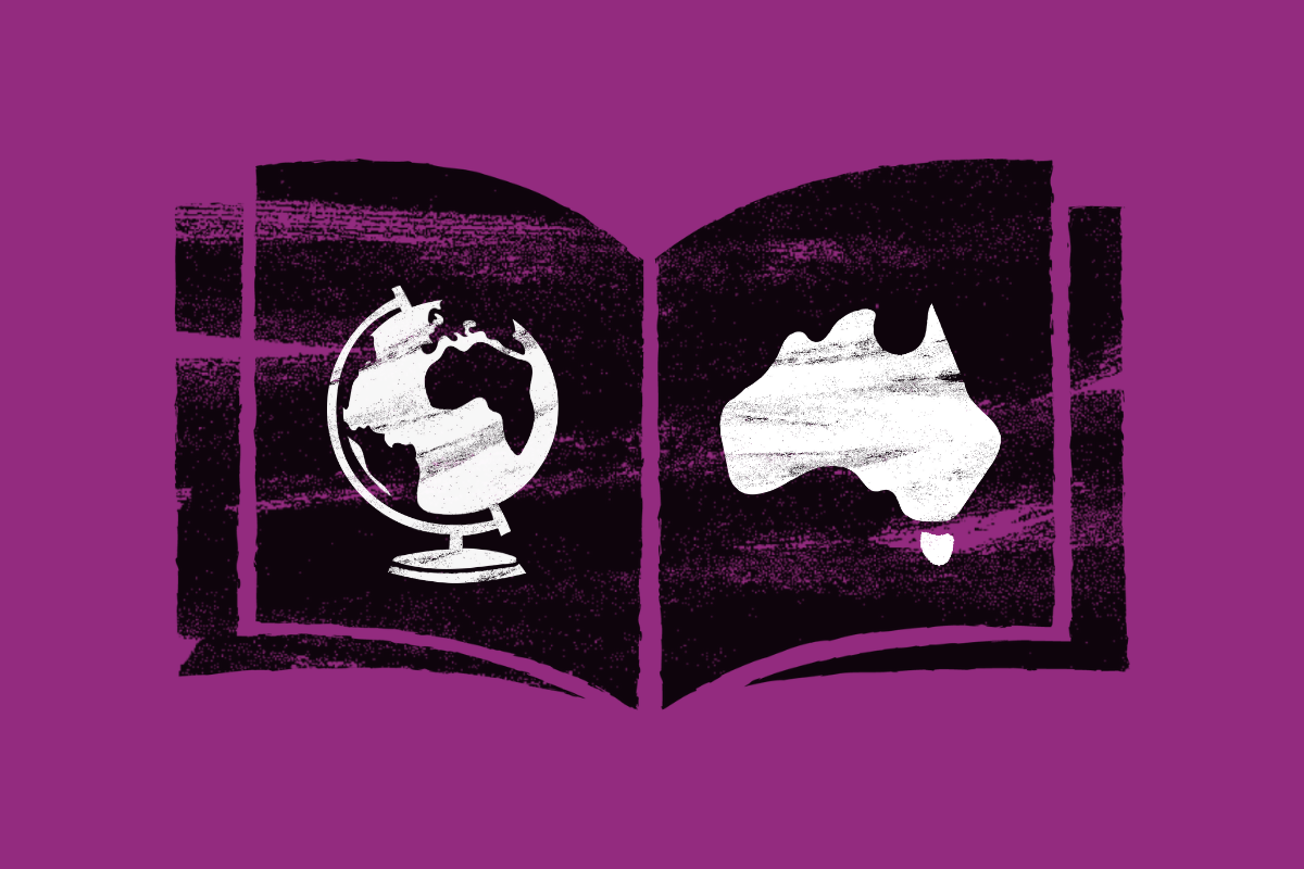 An illustration of an open book with a globe on one side and Australia on the other side.