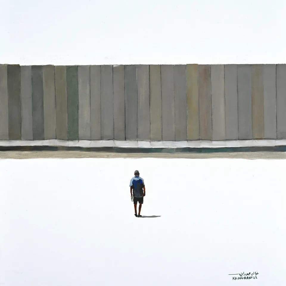 Painting of small man walking towards a large wall