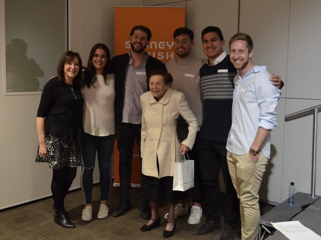 Lenn (second from RHS) with Youth HEAR's other co-founders and a Holocaust survivor at the non-profit's founding event (Image: supplied).