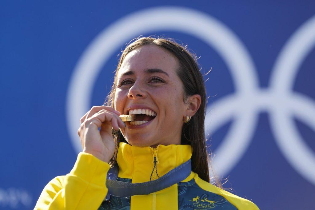 Noemie Fox enjoys her gold medal (AP/Kirsty Wigglesworth)