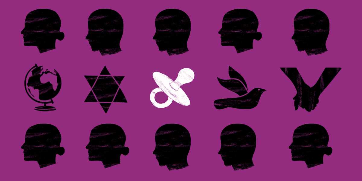 A series of illustrations including men, women, world, star of david, dummy, dove and hands