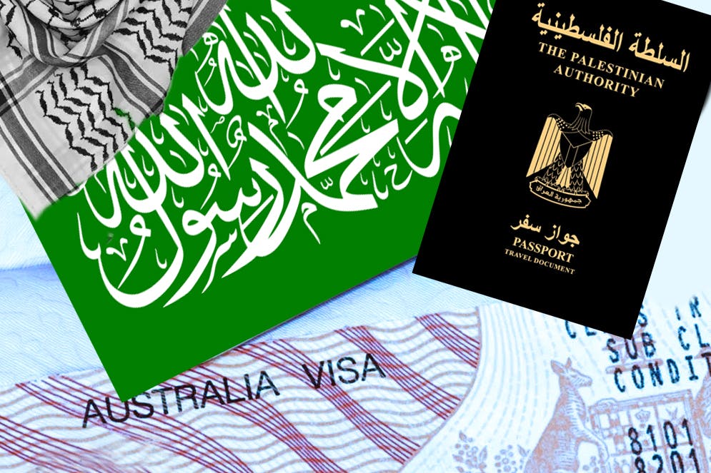 Australian visa, Hamas flag, Palestinian passport