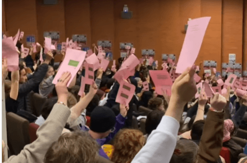 arms raised with pink voting slips