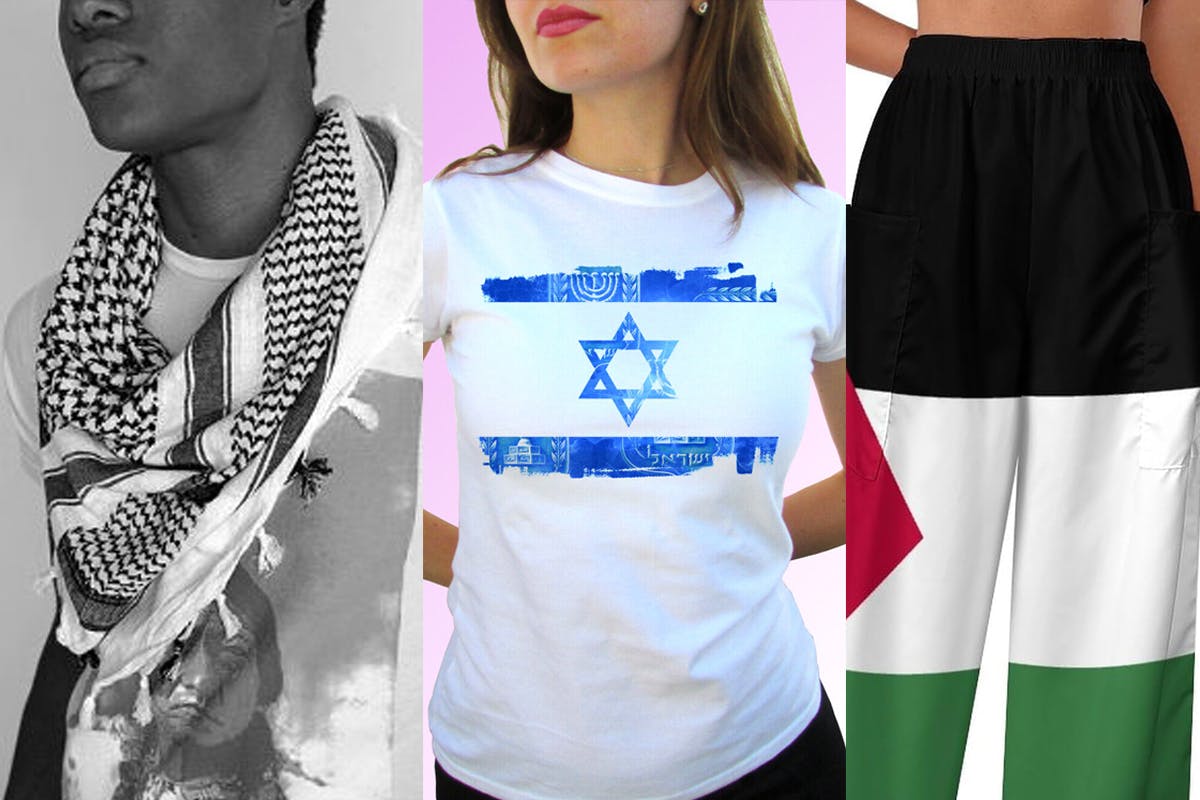 People wearing keffiyeh, Israel flag t shirt, Palestinian flag pants