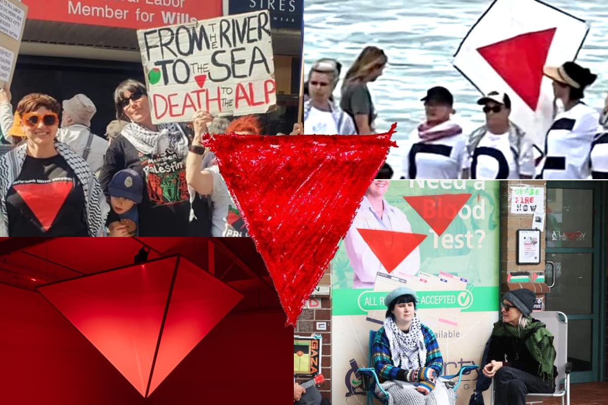 Collage of red triangles on posters, graffiti and a gallery installation