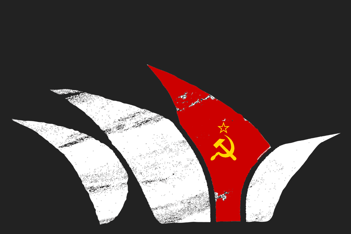 Illustration of the Sydney Opera House with one sail painted with the communist flag