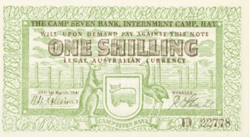 Camp 7, hay, currency, one shilling, 1941 by Georg Teltscher (SLNSW)