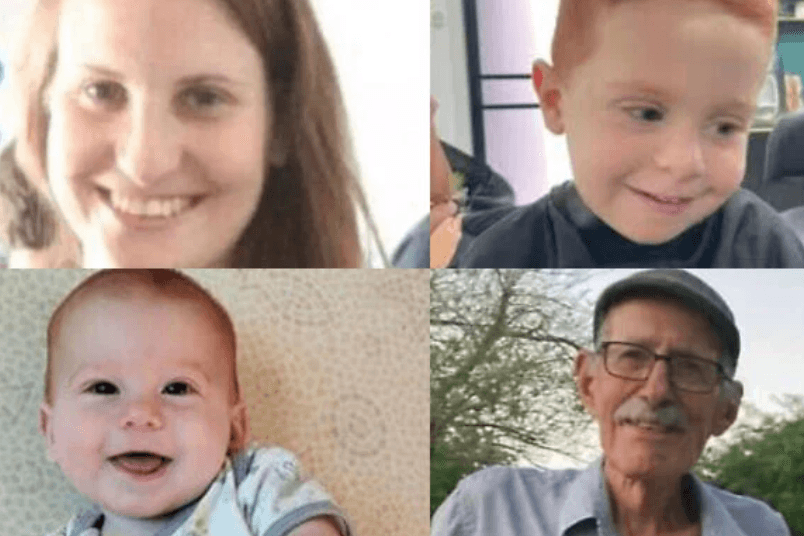 The four murder hostages whose bodies are expected to be returned to Israel today. Clockwise from top: Shir, Ariel and Kfir Bibas, and Oded Lifshitz