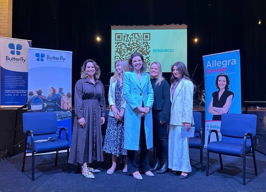 Krawitz (RHS) was invited to speak at an expert panel discussion about body image arranged by Wentworth MP Allegra Spender (middle). (Image: supplied)