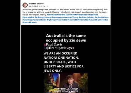 Post claiming Australia is occupied by 'ZioJews' (Cyberwell)