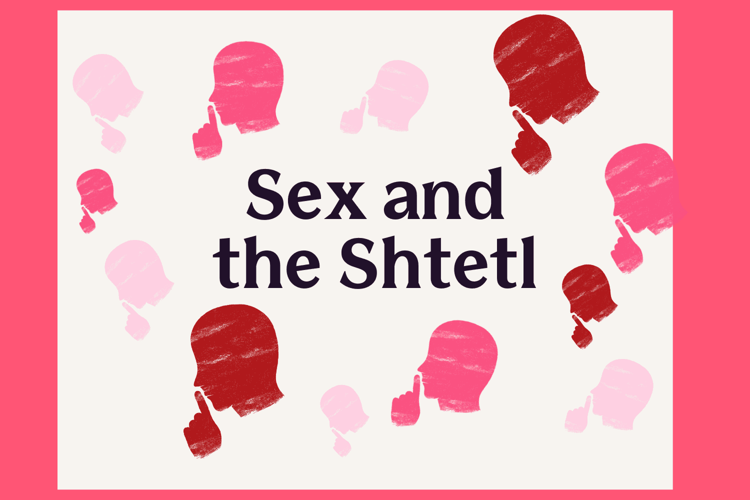 Illustration of man's head with a finger indicating 'keep quiet', repeated in shades of red and pink