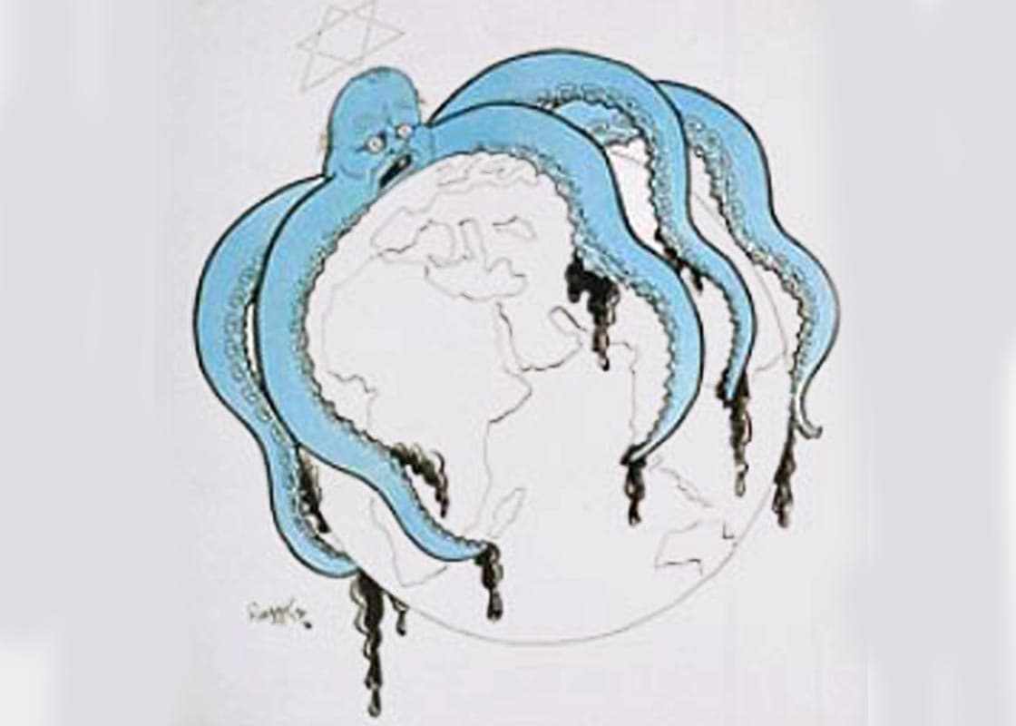 Blue octopus with tentacles squeezing the world and a star of david